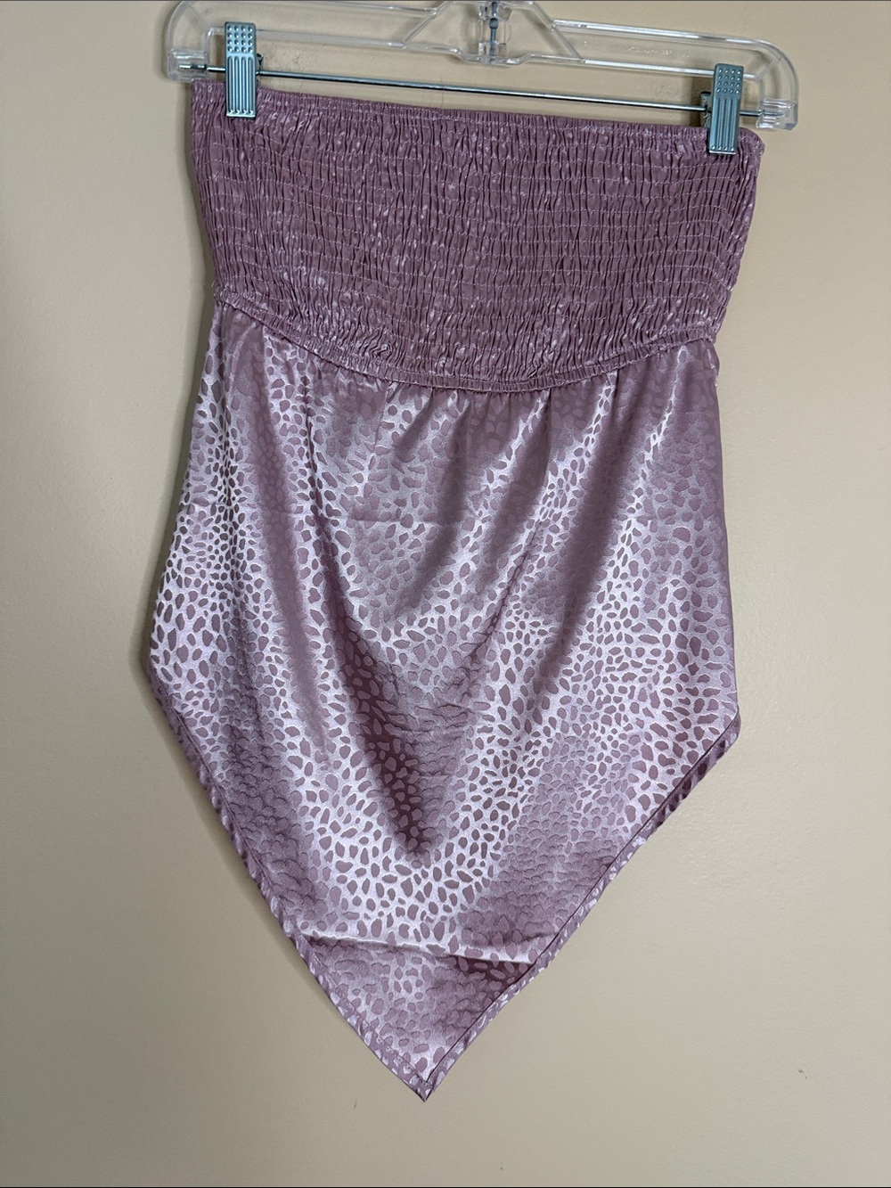Smocked Bandeau Satin Handkerchief Hem Top in Lilac